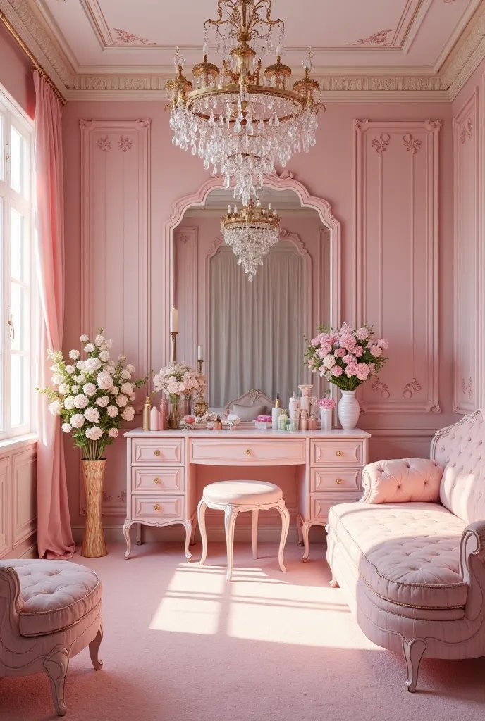 Generate an image of a room with all the pink furniture and details, very elegantly and let it be a dressing room