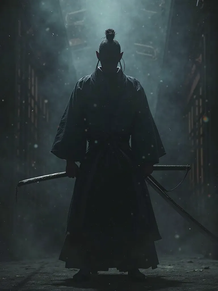 A Japanese-style samurai shrouded in darkness、holding a Japanese sword、The presence of shadows