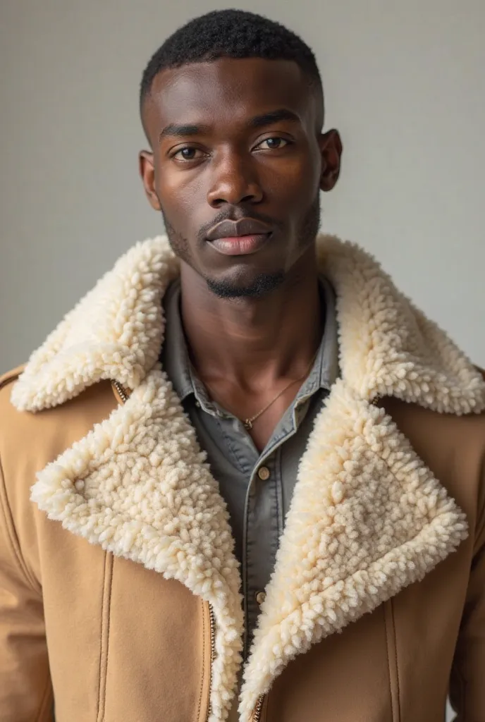 Black male, 21 years old, wearing a sheepskin coat,  short hair  