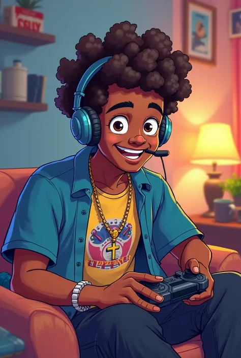 2D cartoon of a brown-colored man, moreno, with short curly hair, usando headset, gamer shirt,  cross necklace, You look like Bruno Mars, Playing PlayStation