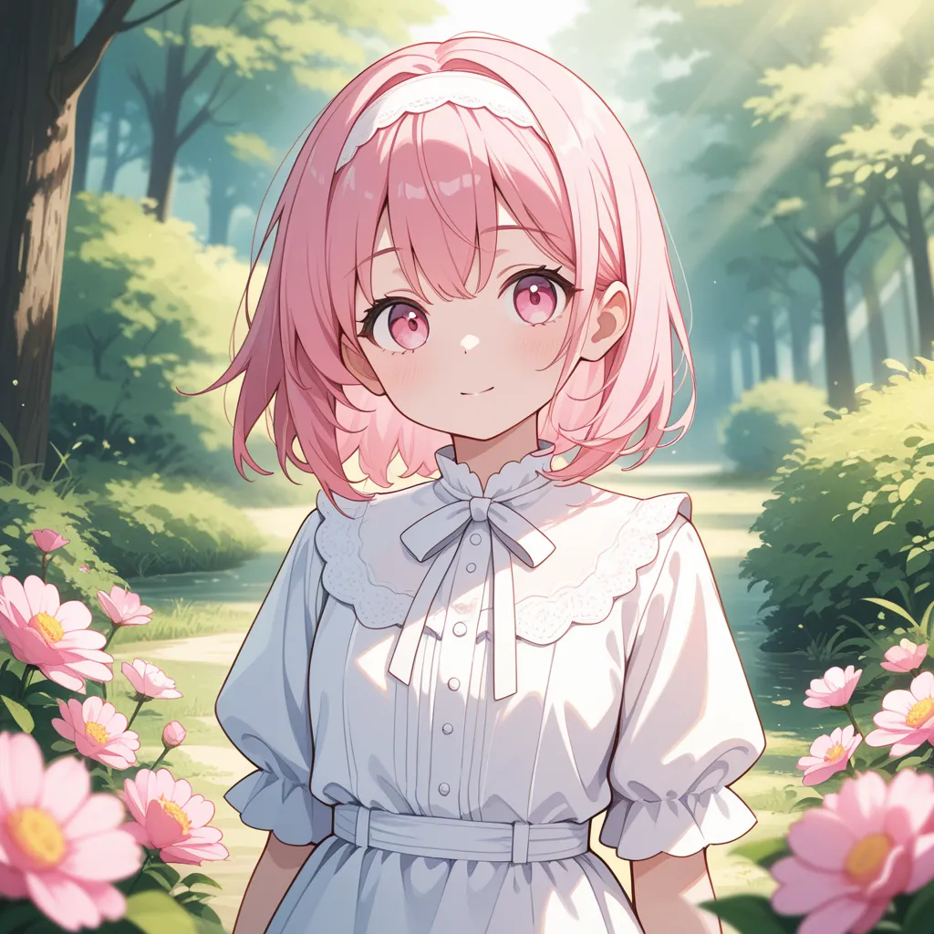 short hair、 pink hair、pink eyes、white dress、 white hair band