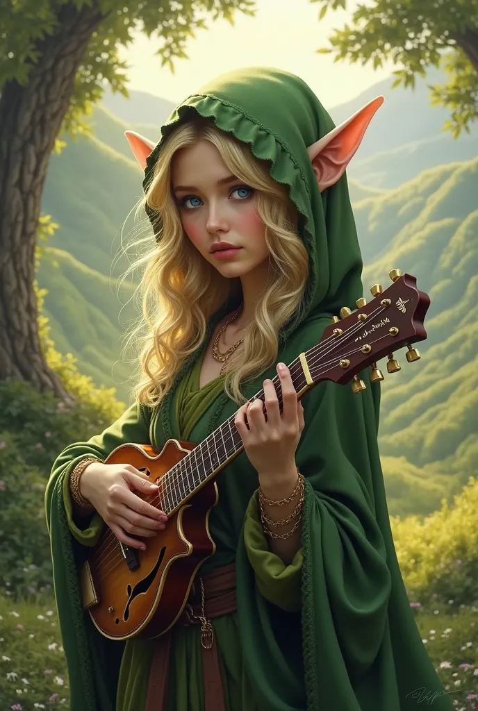 blonde elf, green cape covering ears, blue eyes, mandolin, fantasy landscape, rolling hills, lush forest, sunlit clearing, magical atmosphere, detailed facial features, elegant posture, masterpiece, 8K, hyper realistic, professional digital art, dramatic l...