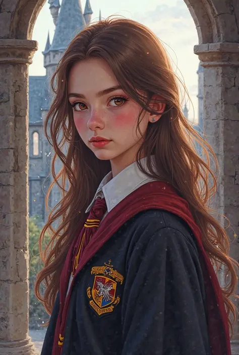 Anime girl with long brown hair ,  brown eyes. half bust . Wear Hogwarts uniforms 