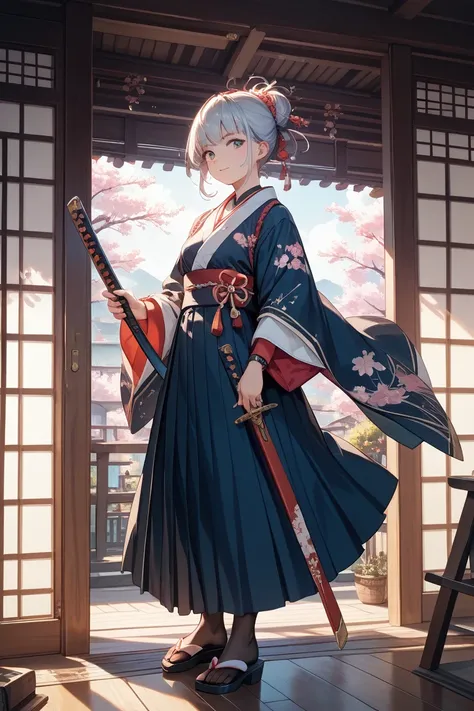 Full-body standing picture of a character holding a Japanese sword