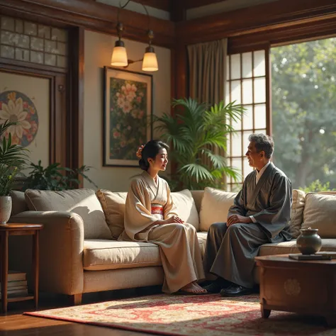 An elegant Japanese couple in their 60s are happily hanging out
I'm in a living room with luxurious furniture
I'm sitting on the sofa and facing here

photorealistic　exhaustive　TOP QUALITY