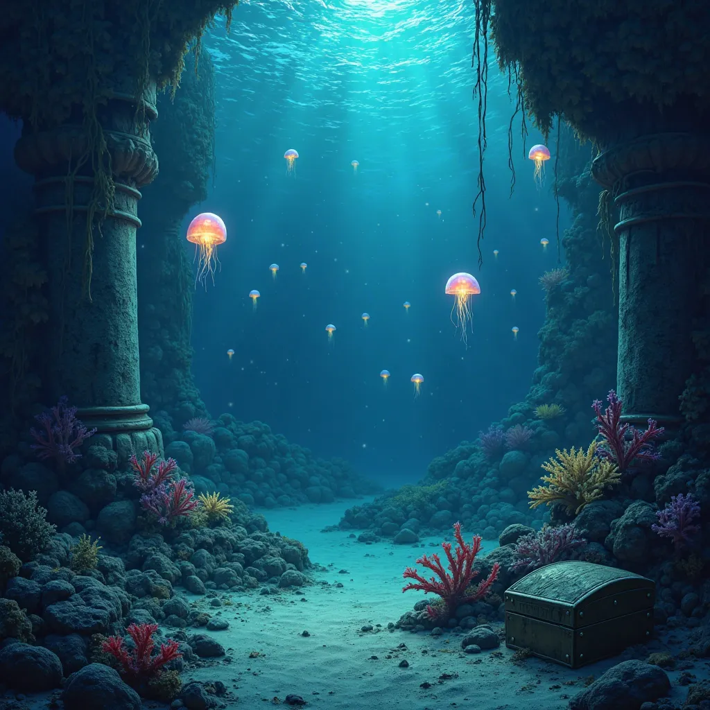 A glowing underwater world stretches between gently swinging corals. A sunken temple, overgrown with algae, rests quietly on the sandy seabed. Glowing jellyfish slowly drift past and throw shimmering light in the depths. An old treasure chest is half hidde...