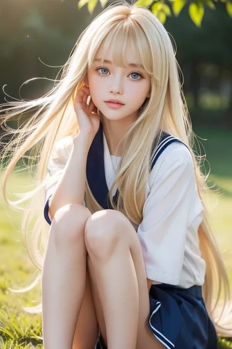 Very beautiful super long bright blonde girl、 beautiful 18-year-old Scandinavian girl 、目の上のbangs、Blond hair on the face 、 blond hair that is popular on her face 、Extremely beautiful face 、 gentle bright expression 、flutters super long straight silky hair t...