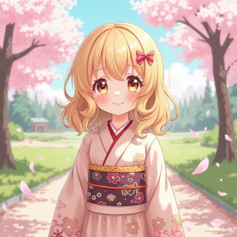 Create an image of a cute girl with medium-length blonde hair and short brown eyes against her spring in Japan and in anime style in kimano 