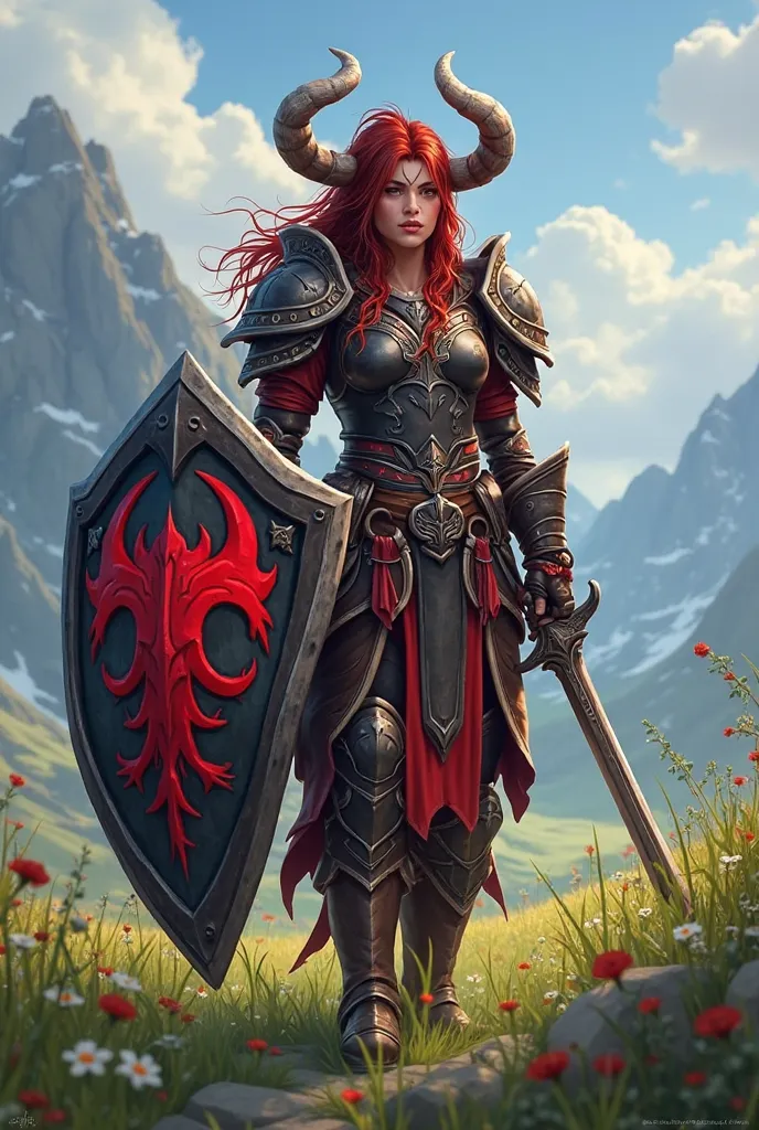 Generate a profile image of a Tauren warrior from the World of Warcraft.  shades of red should include the following modern and vibrant :

character: A female Tauren warrior, with a strong and decisive expression. You must have a sword in one hand and a sh...