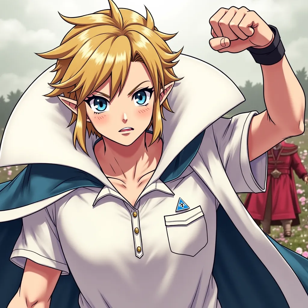 Anime Emperor Link wearing a Massive popped collar polo with a collar so high it's taller than his head he's punching Princess Zelda in the face 