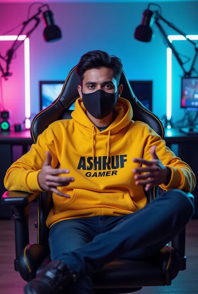 An Indian man sitting confidently on a
modern gaming chair in his YouTube studio. He is wearing a bright YELLOW hoodie with ASHRUF GAMER boldly printed on it. His face is clearly visible and expressive despite wearing a sleek black covID-19 mask. The man i...