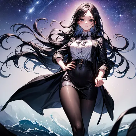 blouse,  skirt,  black hood , trench coat, pantyhose, 
starry sky, colorful, Western Territory, 
undulating scenery on soft ground, Starry fog moving like waves, walking through a field is like floating, and the stars above the sky reflect the stars below,...