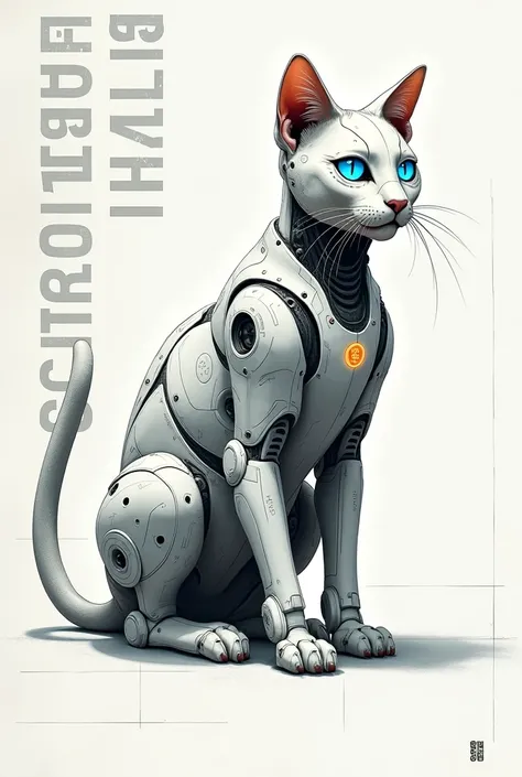 of a cybernetic cat realist 16k, technical drawings viewed from the front and side on light white paper with bold background text like "CATERPILLAR", the cat eyes should be blue in color, poster.