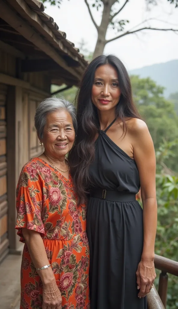 Beautiful Javanese woman with thick long hair ,  of curvaceous stature wears pencil dress with the woman's short haired mother Cepol and handsome husband on the terrace of a modest village house, portrait, 4K, HD