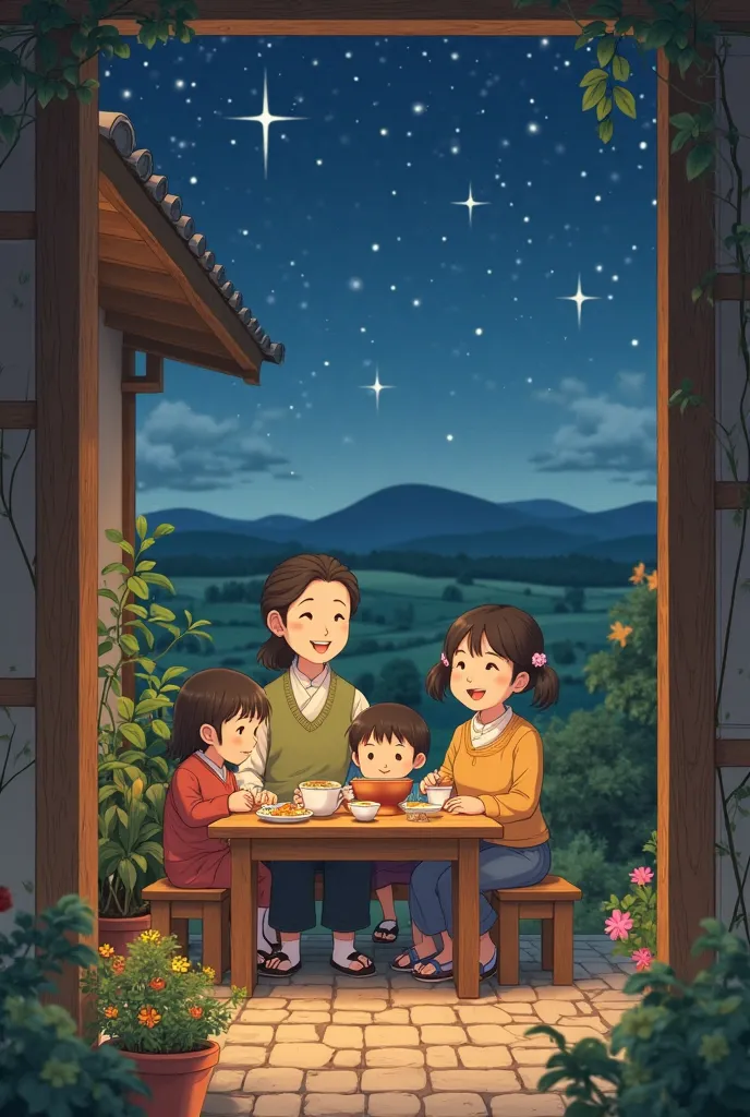 Ghibli anime style painting, a simple  house with warm lighting, opened door, paving block yard, tumblr warm light, family with smile faces are cooking delicious traditional soup  and eat together in the yard, flowers n pots, small well maintained vegetabl...