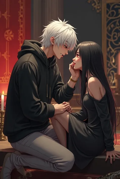 an angel in a black sweatshirt, with snow-white medium-length hair falling over his face, red eyes, an aristocratic profile and a grin sits on his knees in front of a girl with long black hair, gray eyes, sharp beautiful features, in a black dress with a s...