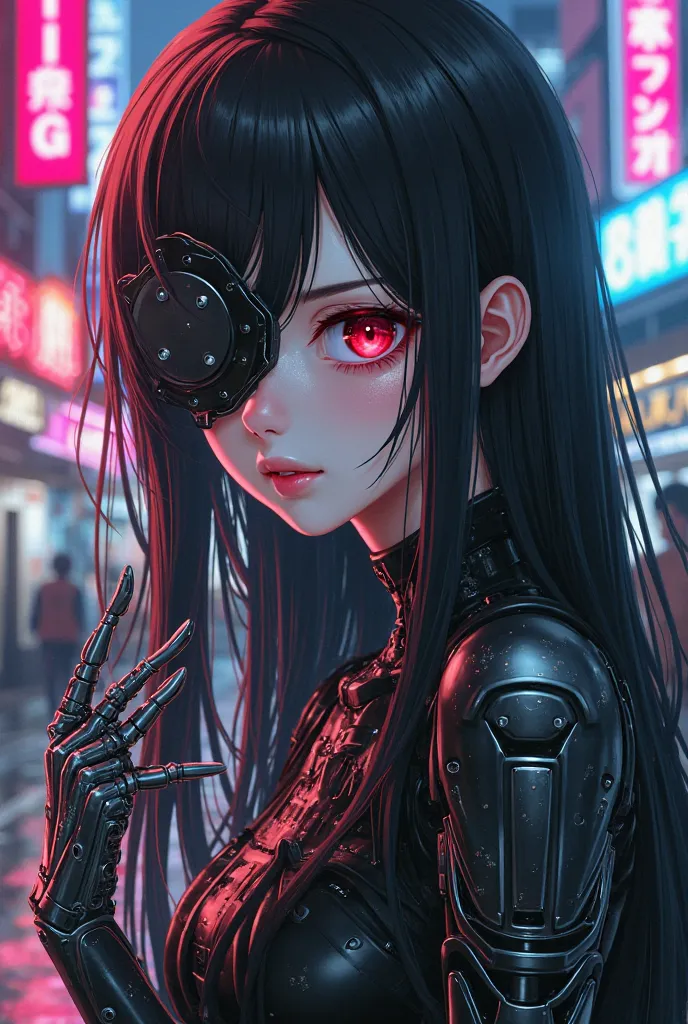 "Young woman with long black hair and bright red eyes. One eye is hidden by a smooth metal plate with subtle laser patterns. She wears a long black coat, under which you can see a neatly fastened white shirt. Her fingers are all metal, Thin, with artfully ...