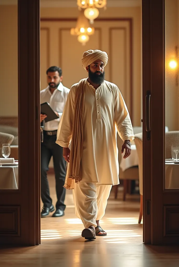 👳‍♂️ Pathan: Walks into the hotel confidently, looks around, and sits at an empty table.
🍽️ Waiter: Quickly approaches with a menu in hand, standing attentively.