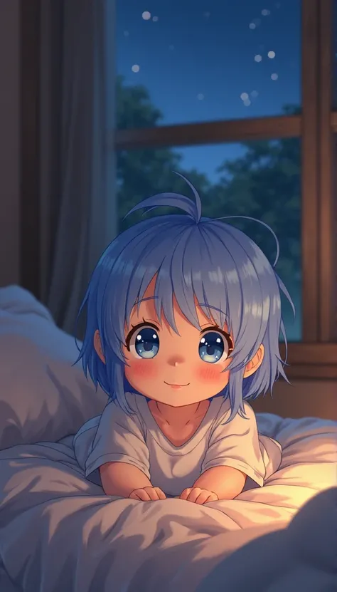 TOP QUALITY, amazing quality, Ayanami Rei, who has become a baby, is watching viewers,  happy,room,night,