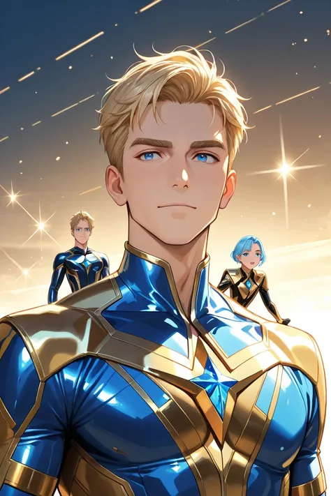 young man, short blond hair, Blue eyes, fantastic suit with gold and blue elements, Gold jewelry on his shoulder and chest. High-quality image with detailed details.  Masterpiece .  adult male, mature,  courageous , confident.