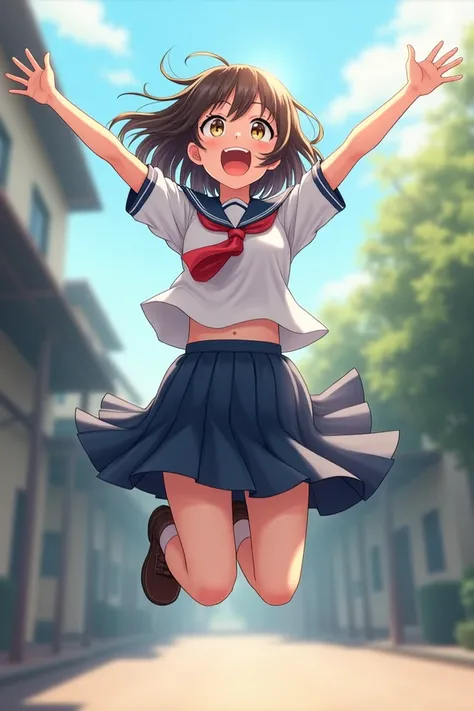 Jumping schoolgirl、 high school uniform、Happy smile with raised hands、angle from below、My skirt is flipped up and my panties are visible
