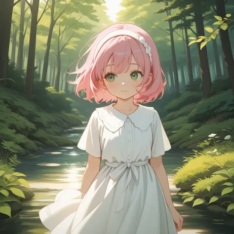 short hair、 pink hair、 green eyes、white dress、 white hair band、Sleep on your side