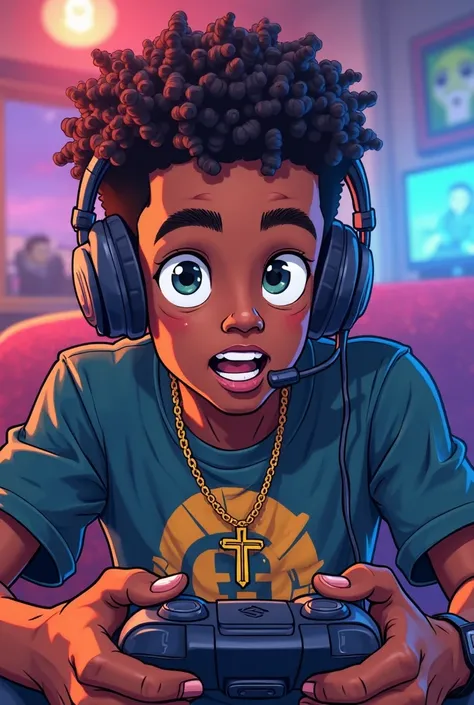 2D cartoon of a brown-colored young man, moreno, with short curly hair, usando headset, gamer shirt,  cross necklace, You look like Bruno Mars, Playing PlayStation