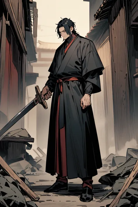 Full body standing picture of a cool man holding a Japanese sword