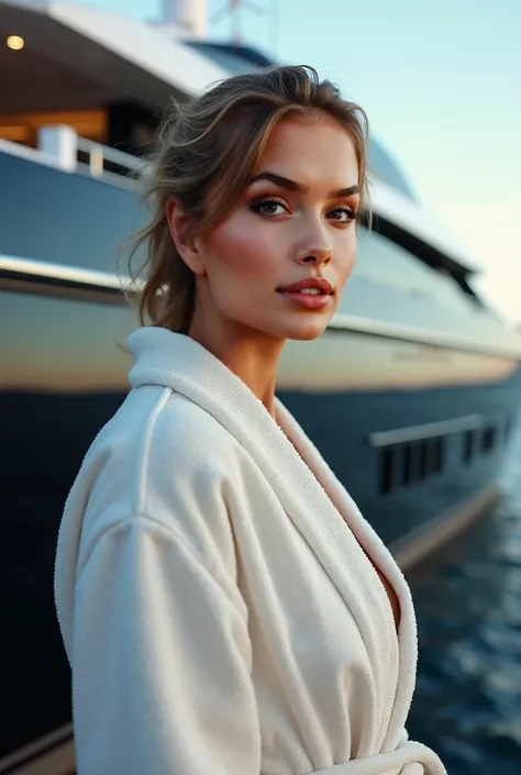 ultra realistic woman, stand near the yacht, bathrobe, realistic scin, instagram photo