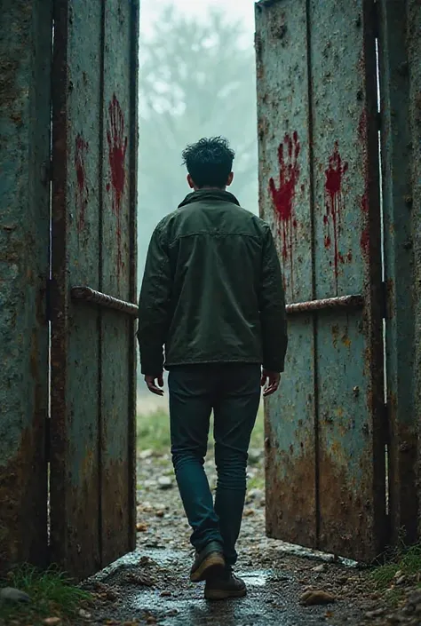 Close-up of an old, rusty iron gate opening slowly with an eerie creak. Blood-red handprints are smeared across the rusted bars, and the wind blows fiercely as Rajeev hesitates before stepping through.