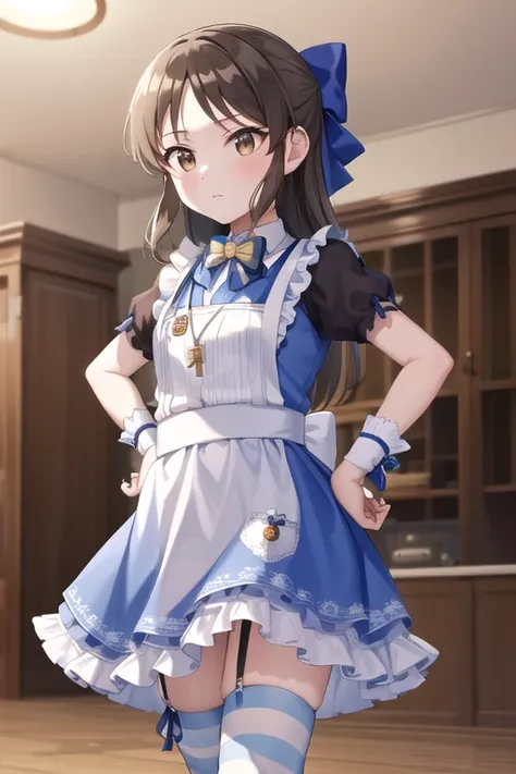  masterpiece, TOP QUALITY, high definition, Arisu,  long hair, hair bow,  Blue Bow  , Key Necklace,  bow tie, ruffle dress, puff sleeve,   wrist cuffs ,  white apron, garter straps,  striped knee-high , indoors, standing, cowboy shot, place your hands on y...