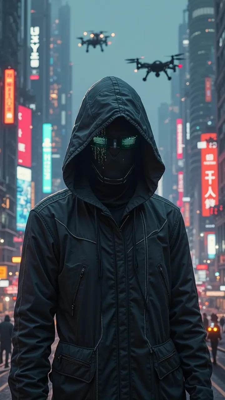 A realistic cypherpunk character standing in front of a sprawling futuristic city at night. The character is wearing a dark, high-tech hooded cloak that obscures part of their face, giving them a mysterious and enigmatic appearance. The cloak is made of ad...