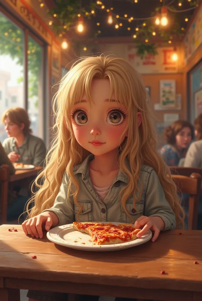 Tall blonde at the age of 12 sitting in a pizzeria