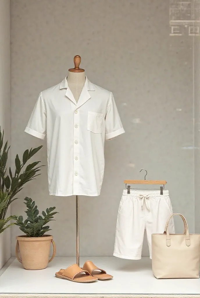 Window display store. Hawaiian plain white shirt / short /14*16 inch tote bag  mock-up only/no model