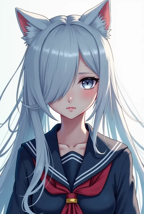  white hair ， long hair，girl，black Japanese school uniform，Grey eyed， with his right eye covered by hair ，Japanese two-dimensional style on the head，cat ears，