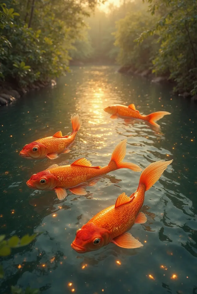 Four fish in the river spreading golden light