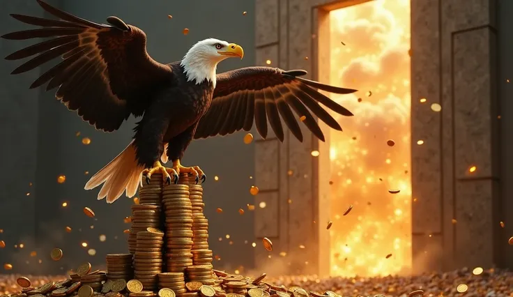  Create an imposing and realistic eagle perched on a pillar composed of well-defined golden coins,  in a dark environment, therefore, with a large portal open in the background, with several gold coins, bright and well-defined falling from the sky, With an...