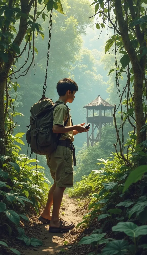 "A young Japanese explorer, Norio Suzuki, hiking through the thick Philippine jungle in 1974. He wears a simple adventurer’s outfit with a backpack and holds a notepad, searching for Hiroo Onoda. The jungle is dense and humid, with vines hanging from the t...