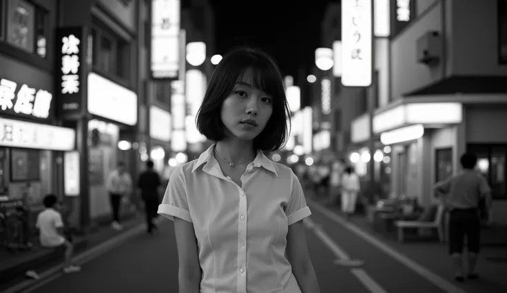 A B&W film photograph taken by a Hasselblad 500 CM using ilford delta 400 suitable for night photography. The image captures a young woman with a Japanese appearance, wearing a white dress shirt and white long pants. The scene is set in Tokyo at night in t...