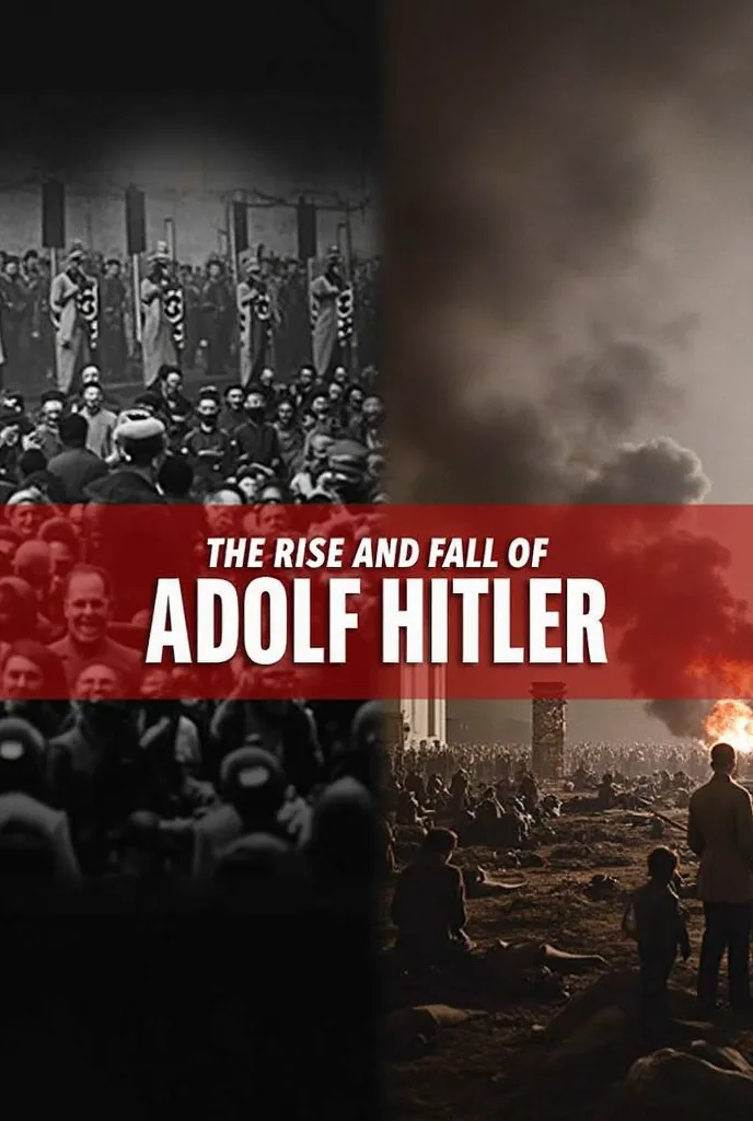 "A dramatic and high-contrast YouTube thumbnail for a documentary titled 'The Rise and Fall of Adolf Hitler.' The image is split into two parts: on the left, a black-and-white historical image of Hitler giving a speech with Nazi banners in the background, ...