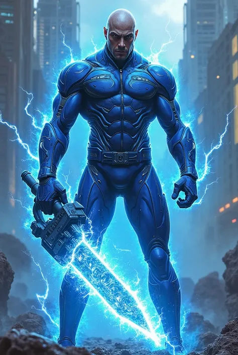 Super hero with magic chainsaw. Electric blue costume, Uncloaked 