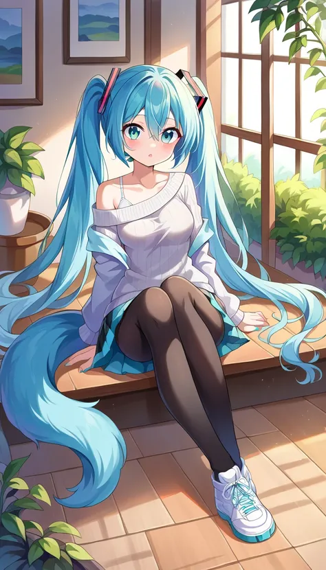  score_9,  score_8_up,  score_7_up,  source_  Hatsune Miku,  Aqua Eyes, light blue hair,   hair between eyes, hair ornaments close to the garden,   ,  long hair, (((side tail))), medium breasts、black tights, Sneakers,  skirt, off shoulder、indoors,Watch Vie...