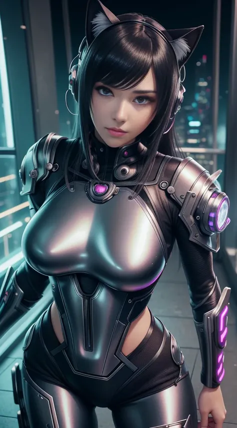 Beautiful full body shot of Reika as a Nekomata kitten, cyberpunk armour, straight black hair,  Cat ears, science fiction, cyberpunk city in the background, fat,  In the style of cyberpunk 2077 , Ultra realistic photo face of a beautiful woman, master part...