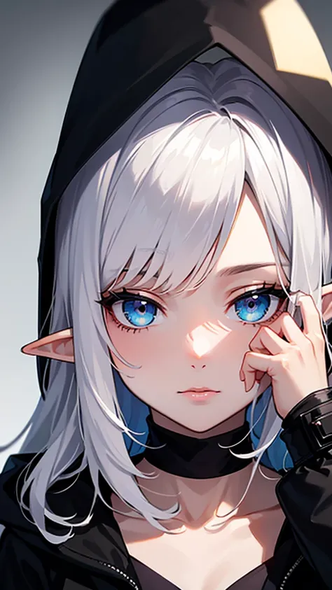  black background. Elf with white hair, bright blue eyes, in a black coat and a black hood, hiding her face.  face close-up, hood shadow on the face, face in the shadow 