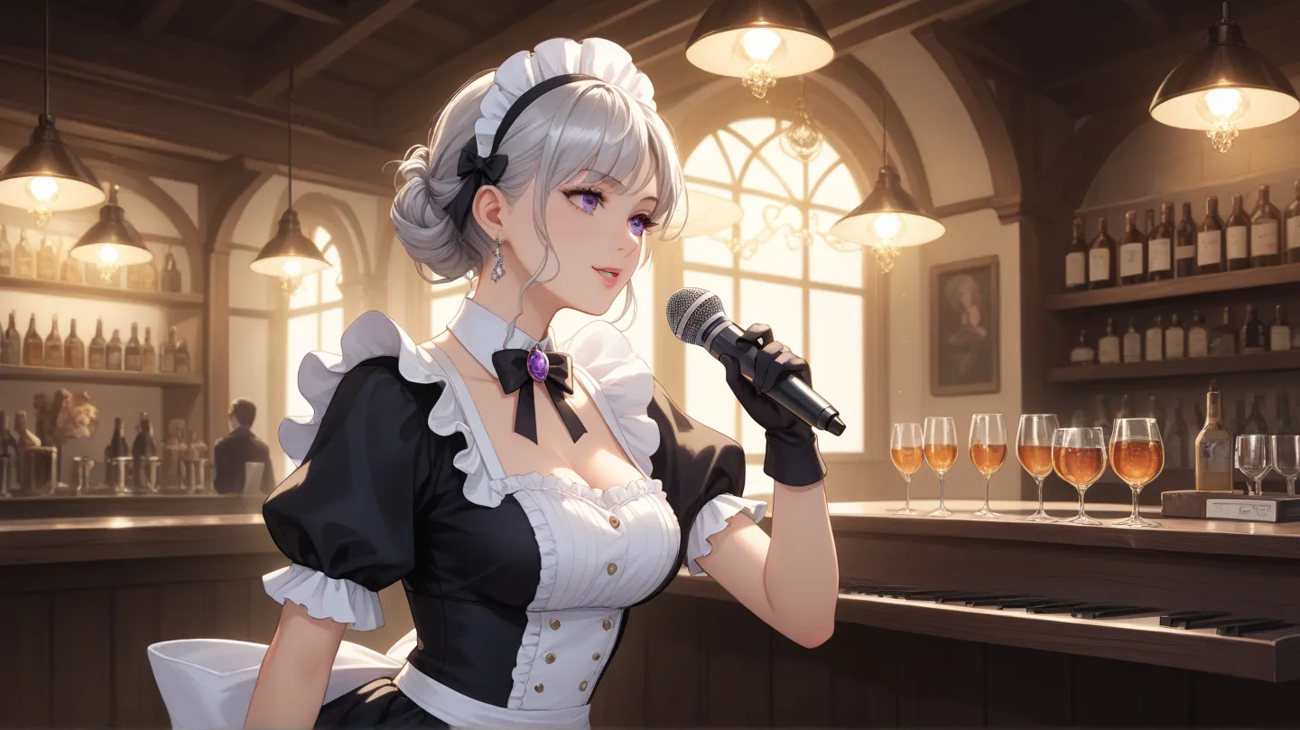 Masterpiece, best quality, highly detailed, beautiful lighting, cinematic,  
A silver-haired elegant maid with soft waves, deep purple eyes, standing and singing at a sophisticated lounge bar.  
She wears a classic black maid dress, long black gloves, and ...