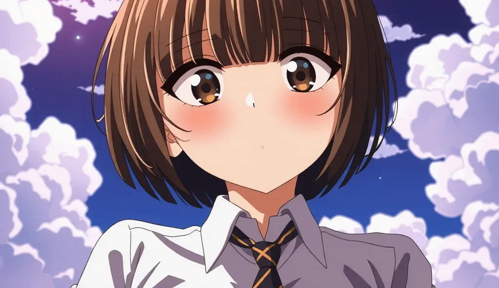 kazusa onodera, (solo:1.5) short hair, bangs, brown hair, (brown eyes:1.5), blunt bangs, bob cut, thick eyebrows,
skirt, shirt, school uniform, white shirt, short sleeves, necktie, striped, collared shirt, shirt tucked in, striped necktie, (masterpiece:1.2...