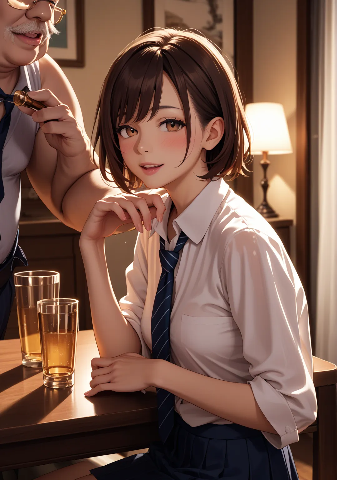 one girl, suit, skirt,night,short hair,brown hair, brown eyes, swept bangs,A very fat old man is looking this way, tie, drunk,cheers,sit, hotel,bedroom close to white,bedroom