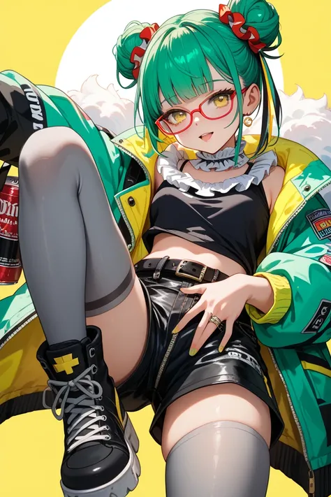 Anime-style young female character with green hair in twin buns with metallic ring hair accessories, large yellow eyes, wearing glasses, red cheeks, black top with white frilled collar, green and white oversized jacket, black shorts with red lines, gray ti...