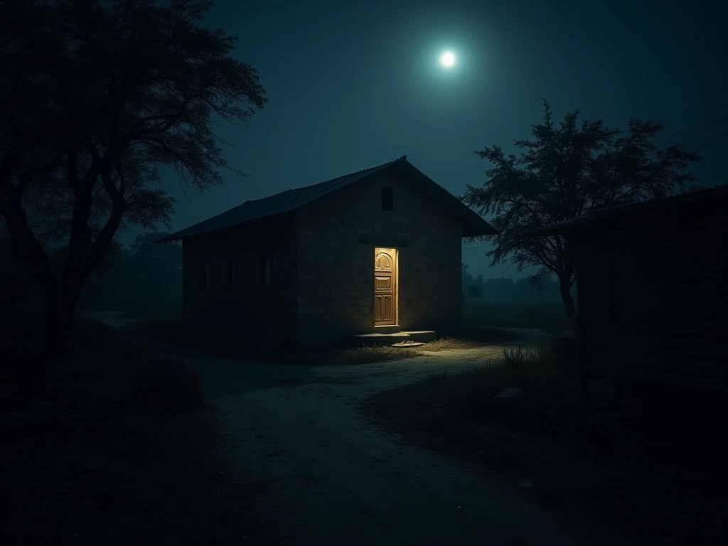 "A quiet April night in Khresa village, Kanpur, with darkness hiding a sinister conspiracy inside a small house."
Prompt: "A dimly lit rural Indian village at night, with a small house partially illuminated by moonlight. The atmosphere is eerie, with shado...