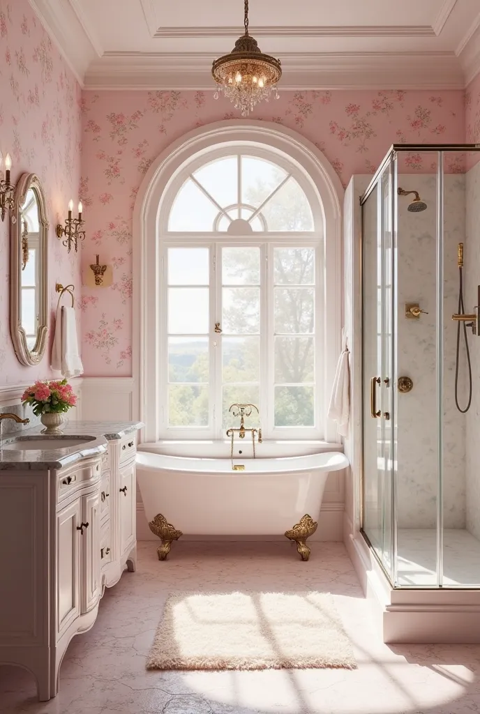 Create a small conventional bathroom with the details of the pink and elegant furniture, Which has a shower